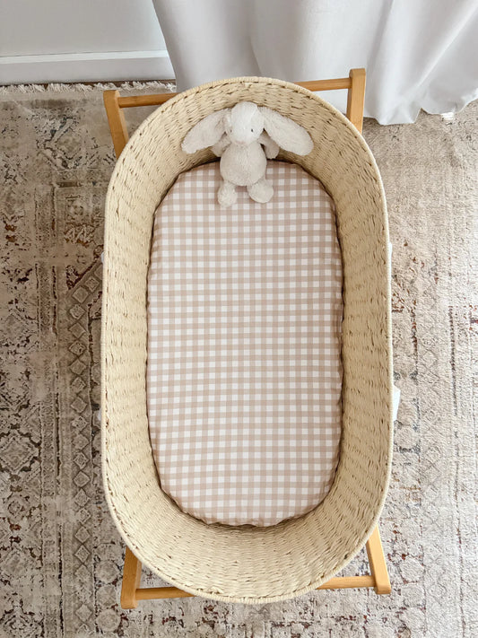 WATERPROOF BASSINET SHEETS - BEIGE GINGHAM
