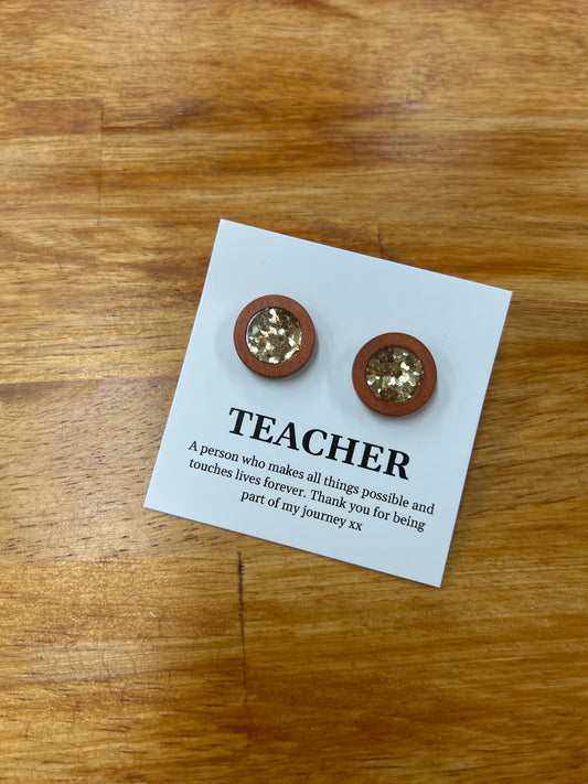 Teacher Earrings - Timber & Gold Glitter