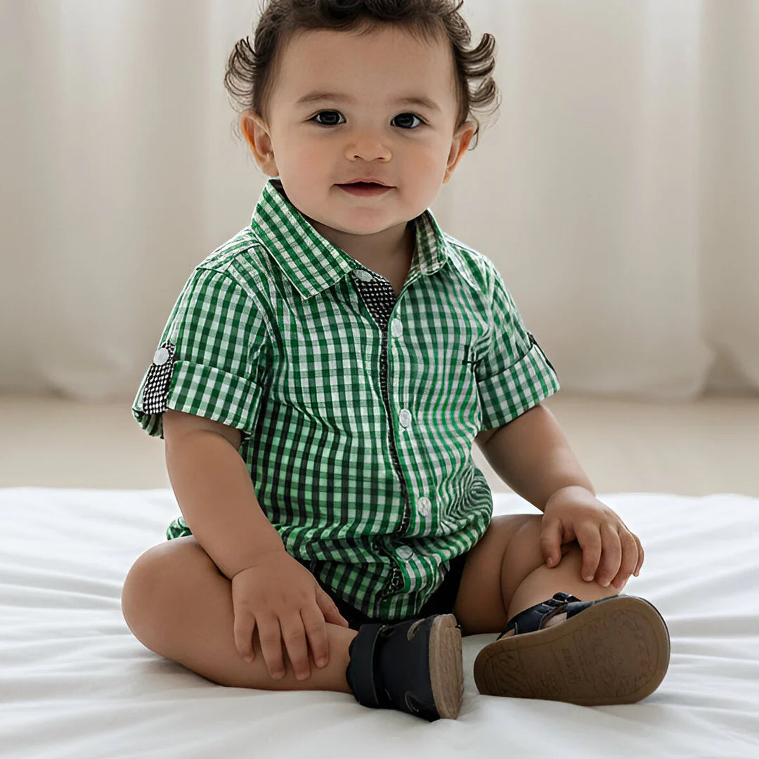 BABY BOYS DRESS SHIRT ROMPER - BRIGHT GREEN CHECK