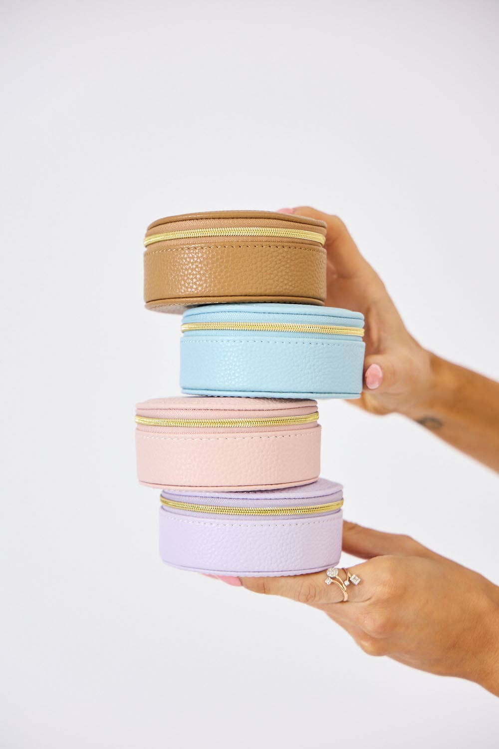 Vegan PU Leather Jewellery Box - Round - Beige - Small