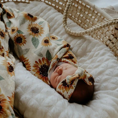Sunflowers Jersey Swaddle Stretch Wrap & Top Knot Set