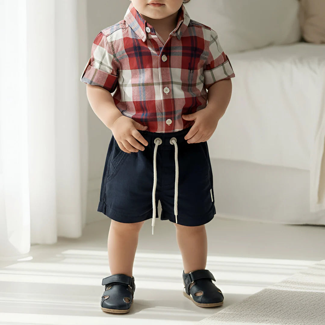 BABY BOYS DRESS SHIRT ROMPER - RED PLAID