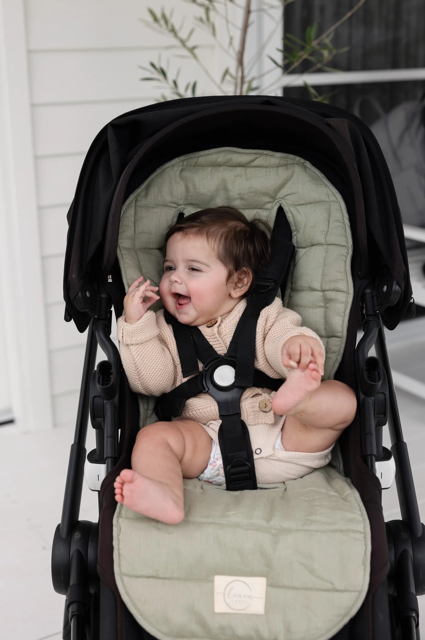 SOFT SAGE & PINSTRIPE - PRAM LINER WITH MATCHING SHOULDER STRAPS