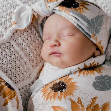 Sunflowers Jersey Swaddle Stretch Wrap & Top Knot Set
