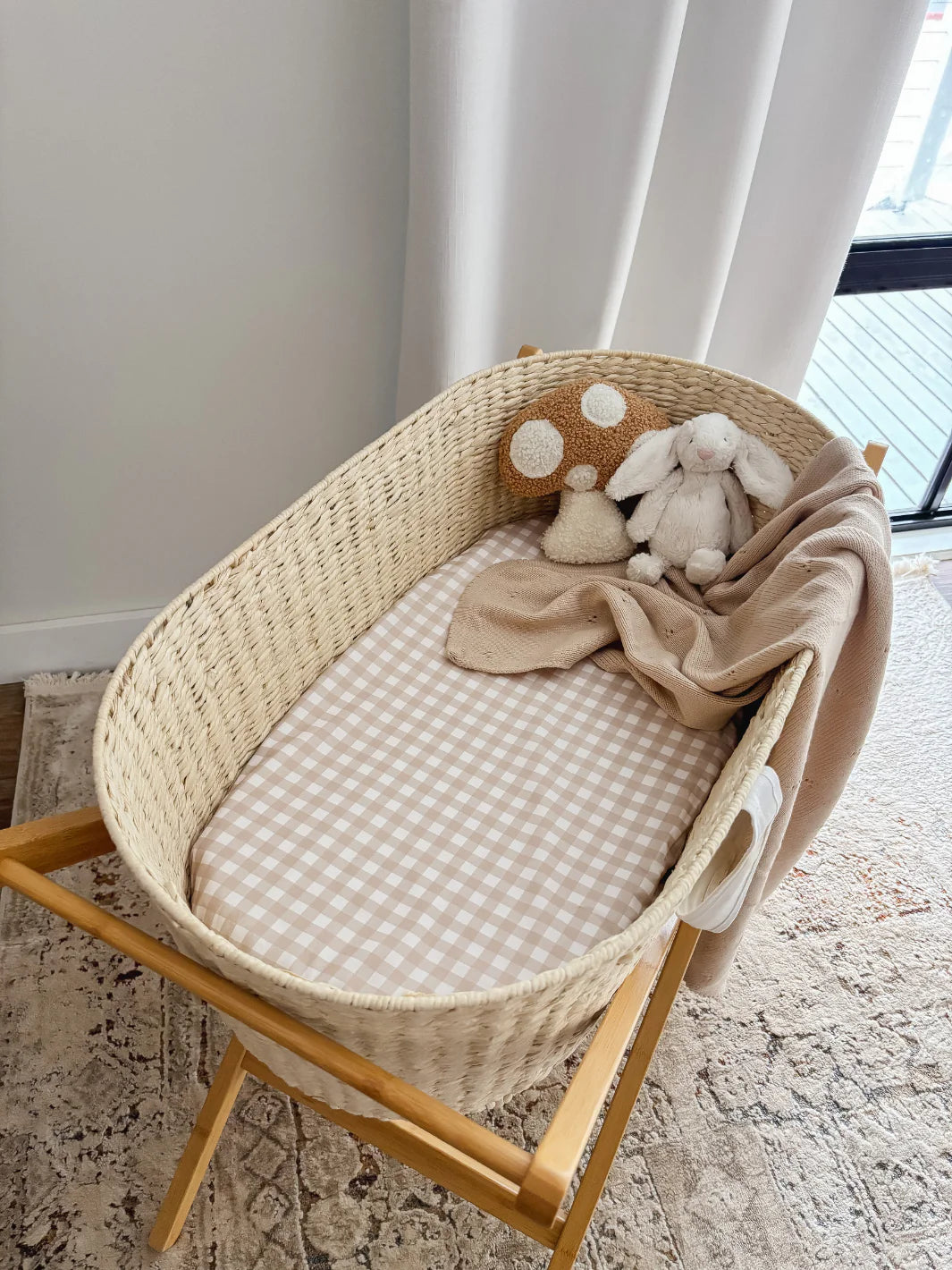 WATERPROOF BASSINET SHEETS - BEIGE GINGHAM