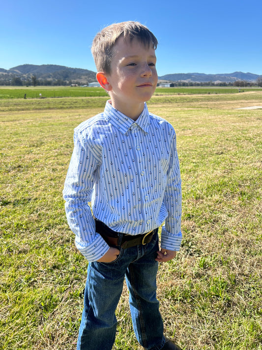 Boys Anchors Ahoy Stripe Long Sleeve Button Down