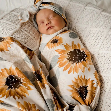 Sunflowers Jersey Swaddle Stretch Wrap & Top Knot Set