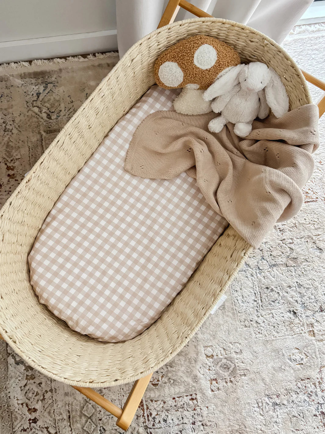 WATERPROOF BASSINET SHEETS - BEIGE GINGHAM