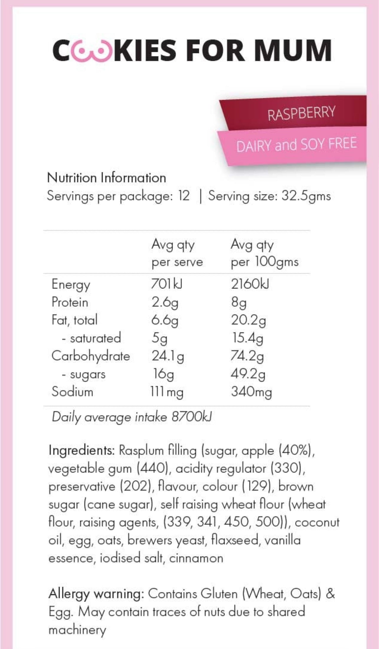 Raspberry Lactation Cookies (Dairy & Soy Free)