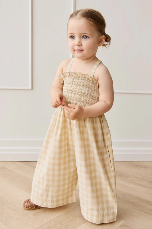 Organic Cotton Arabella Jumpsuit - Gingham Pale Khaki