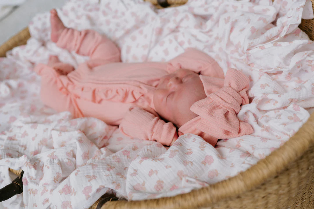Frill Zip Romper | Peach Rib Pointelle