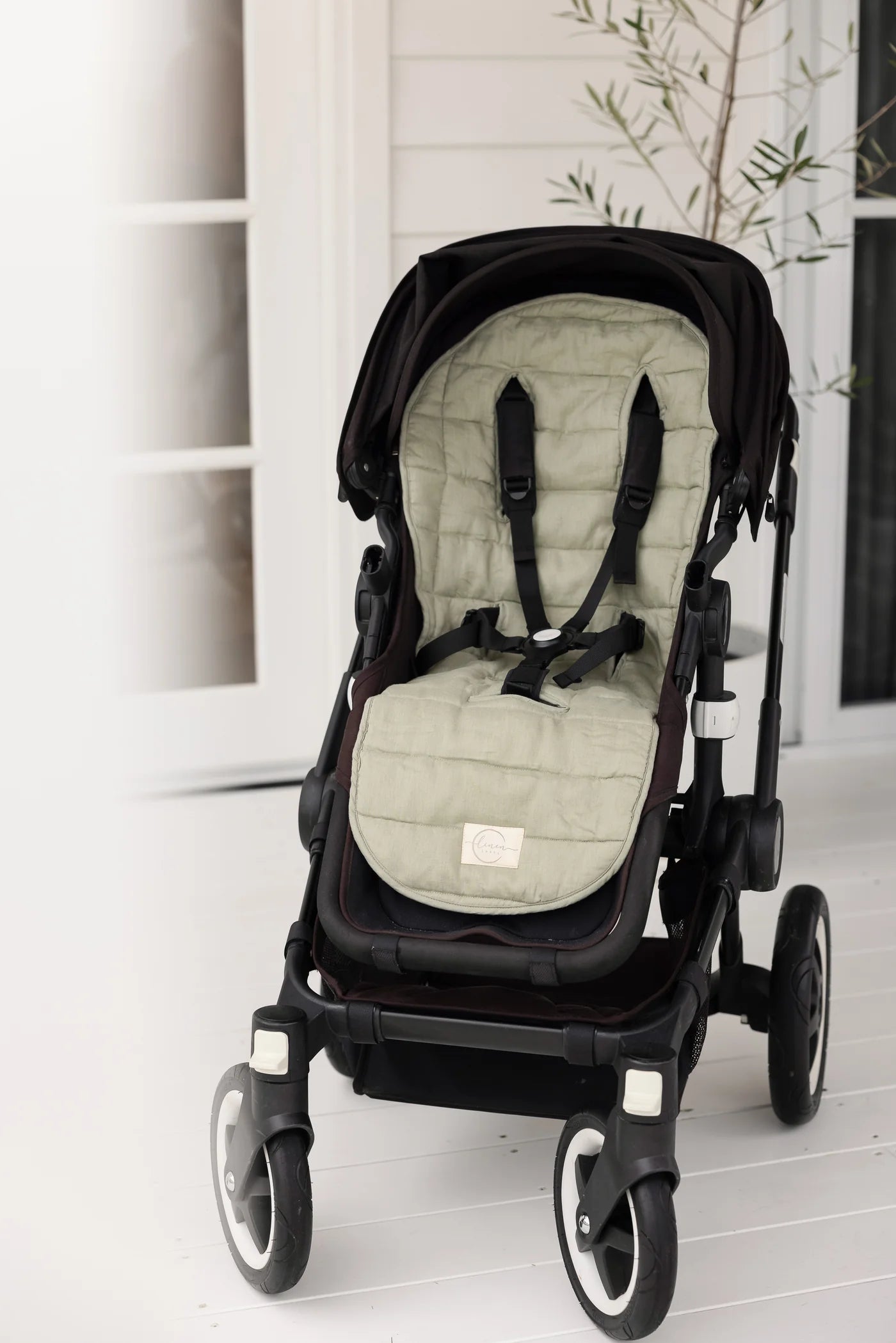 SOFT SAGE & PINSTRIPE - PRAM LINER WITH MATCHING SHOULDER STRAPS