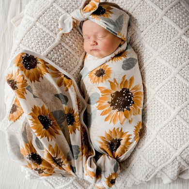Sunflowers Jersey Swaddle Stretch Wrap & Top Knot Set