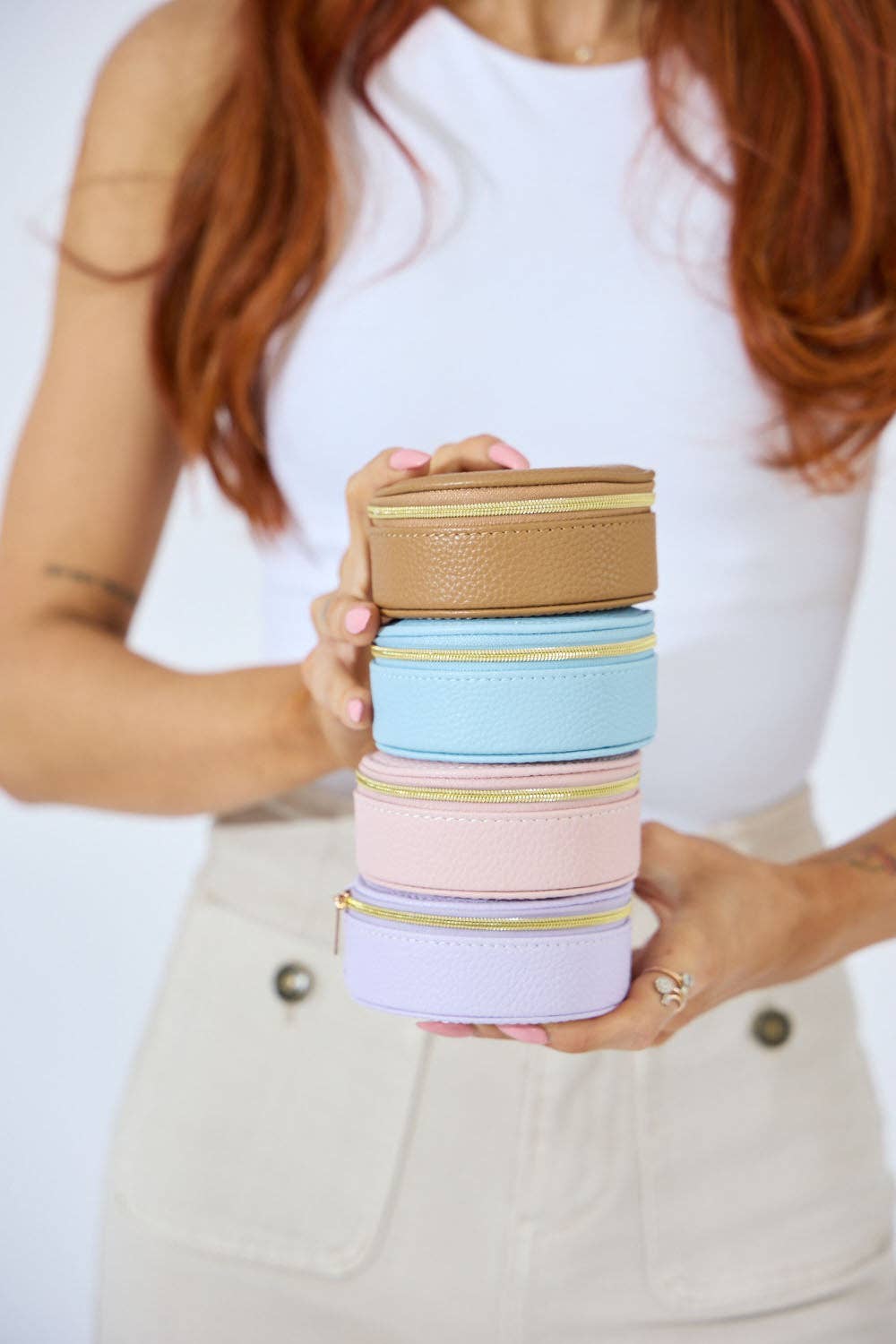 Vegan PU Leather Jewellery Box - Round - Light Blue - Small