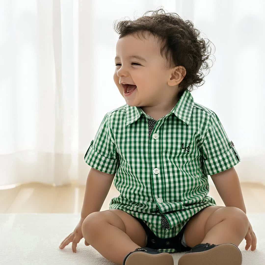 BABY BOYS DRESS SHIRT ROMPER - BRIGHT GREEN CHECK