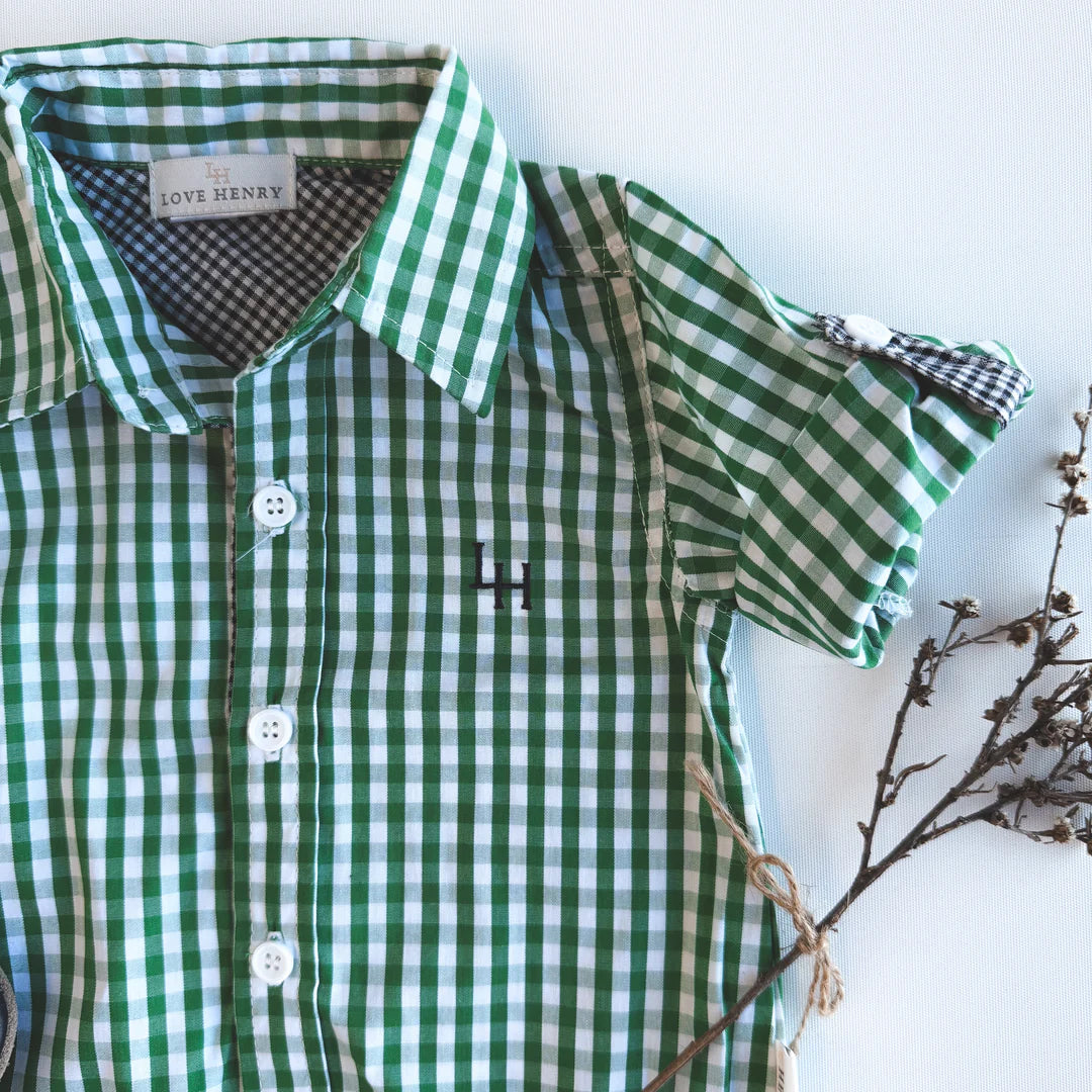BABY BOYS DRESS SHIRT ROMPER - BRIGHT GREEN CHECK