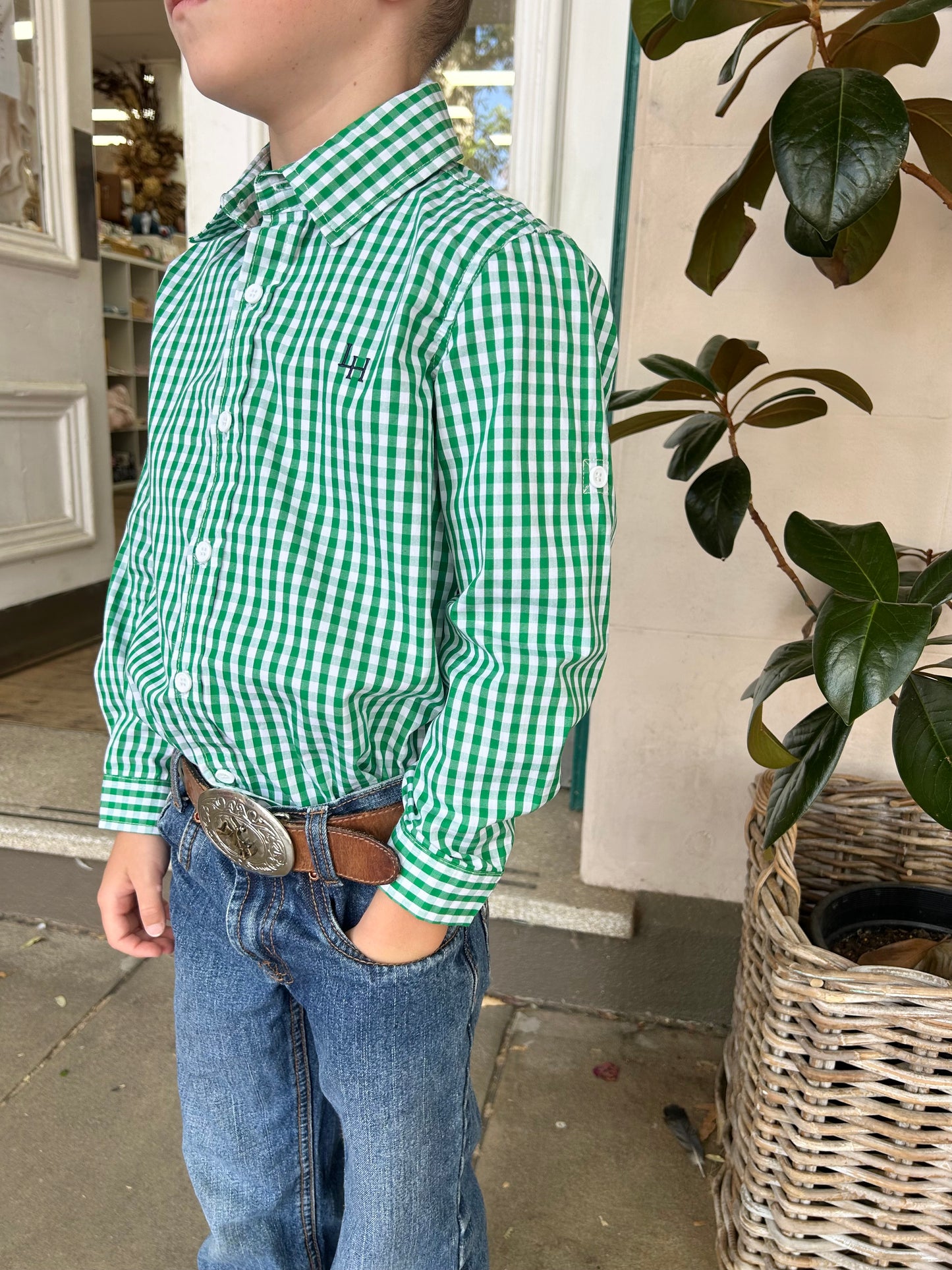 BOYS DRESS SHIRT - BRIGHT GREEN CHECK