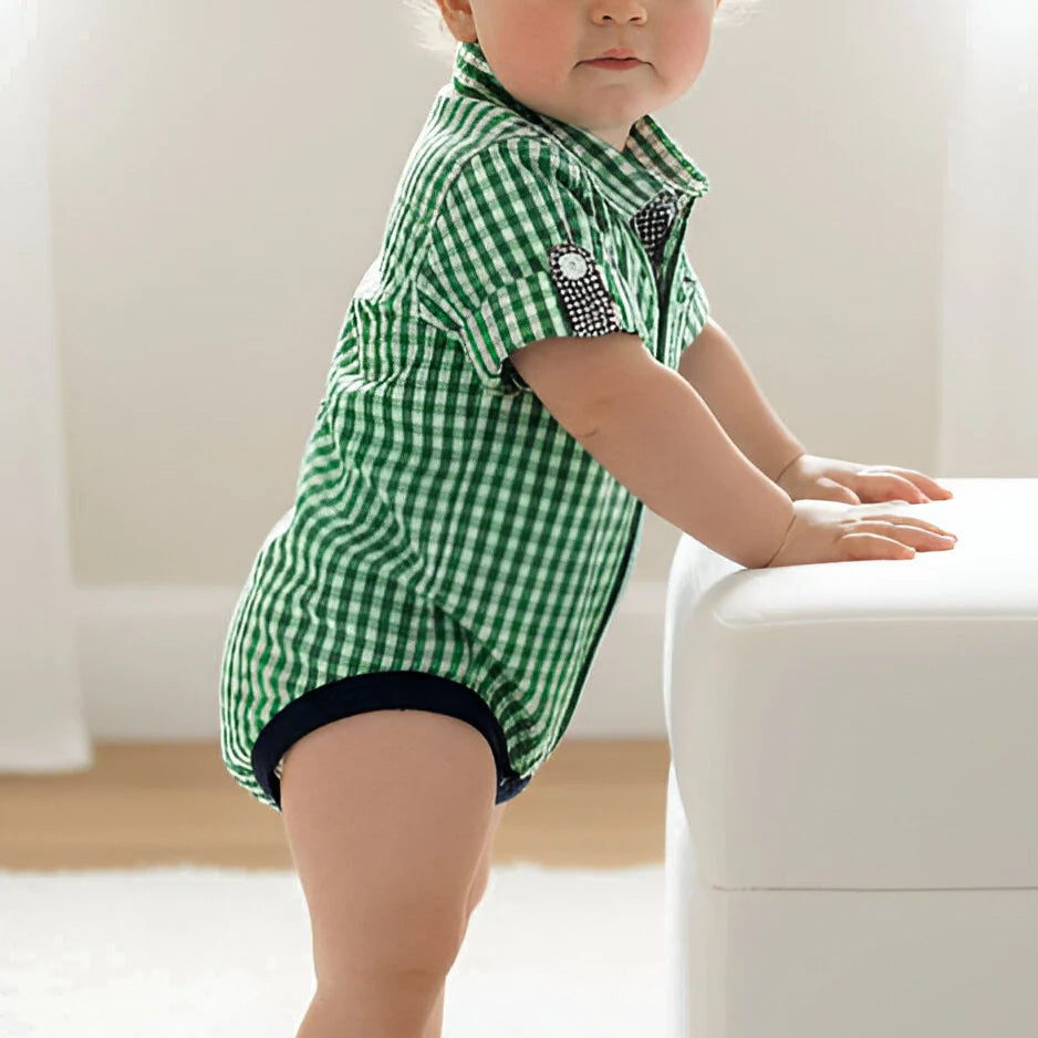 BABY BOYS DRESS SHIRT ROMPER - BRIGHT GREEN CHECK