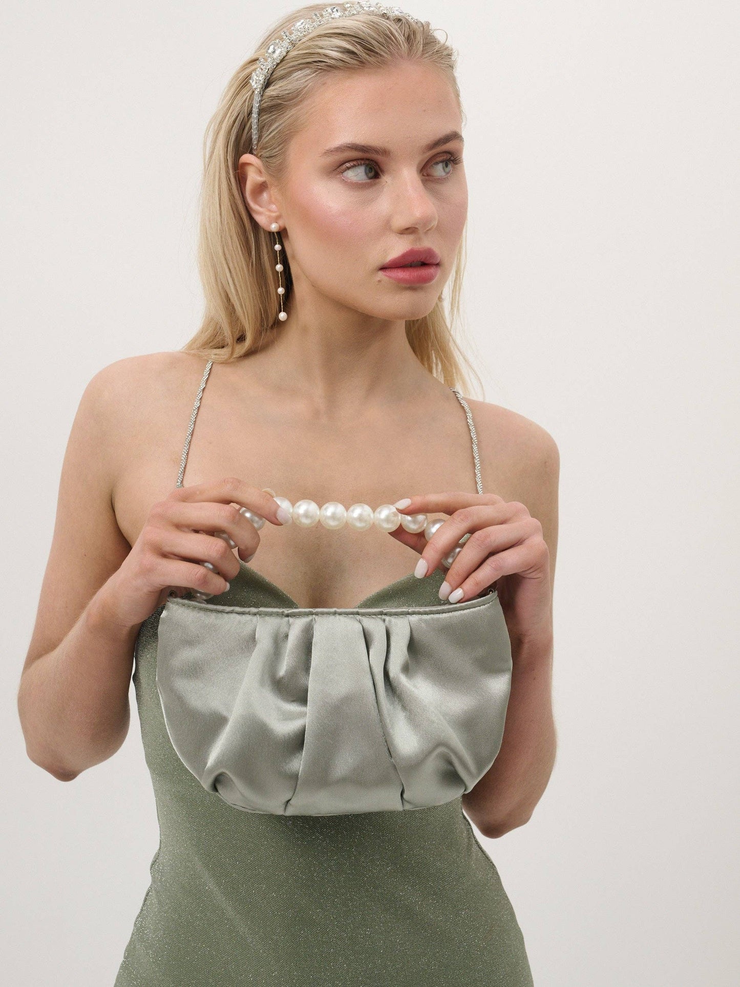 Victoria Satin Pearl Strap Bag in Sage