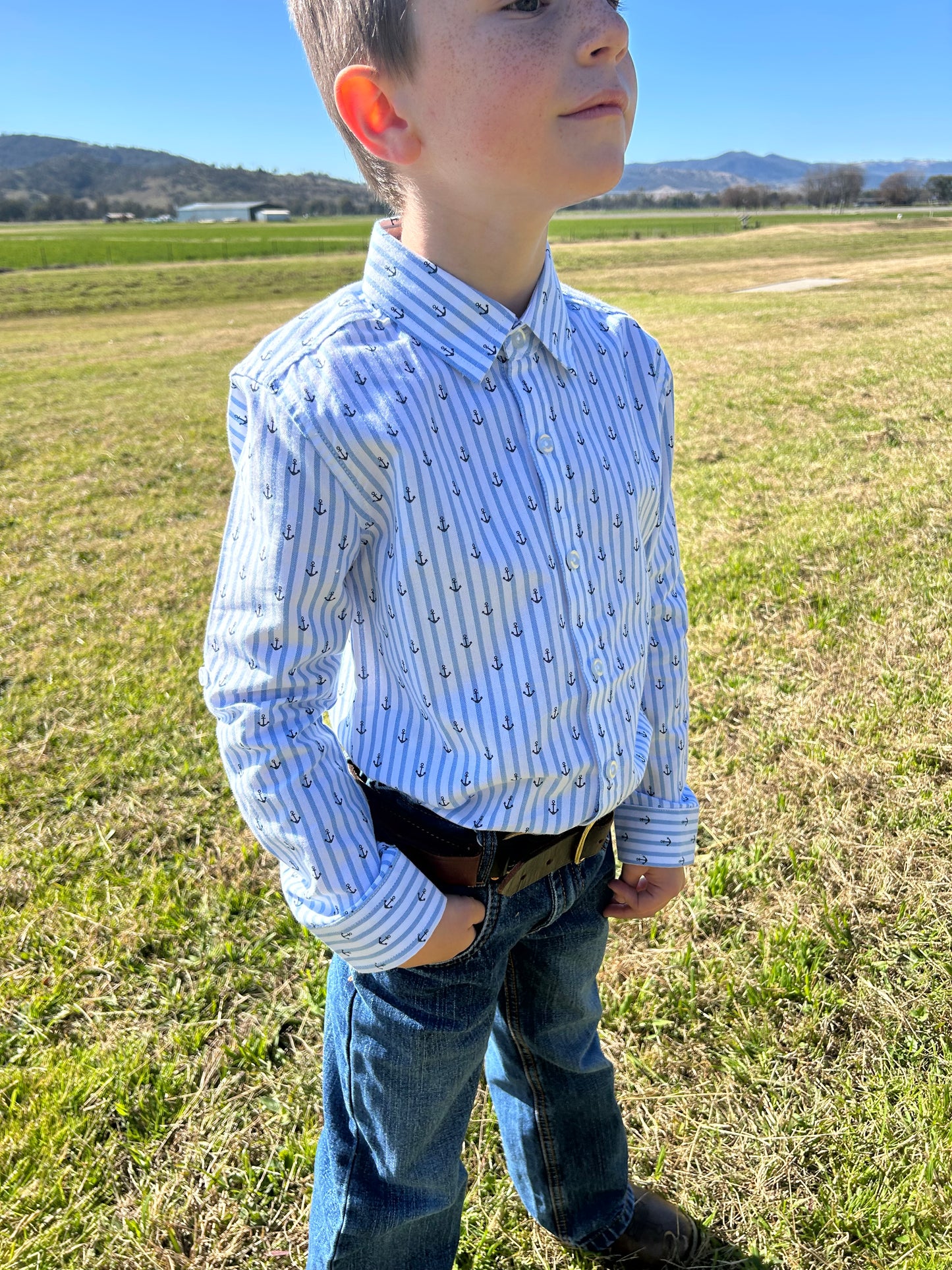 Boys Anchors Ahoy Stripe Long Sleeve Button Down