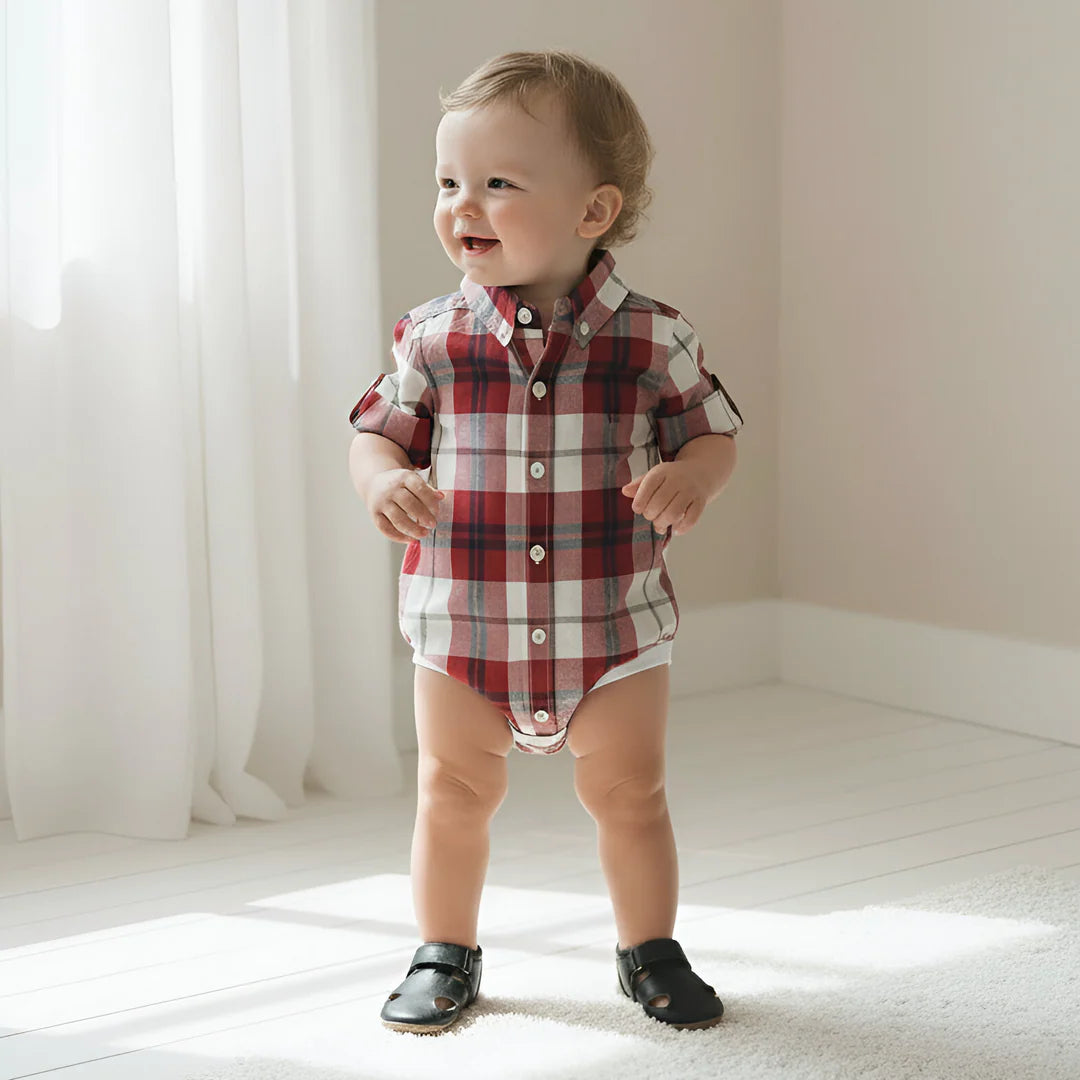 BABY BOYS DRESS SHIRT ROMPER - RED PLAID
