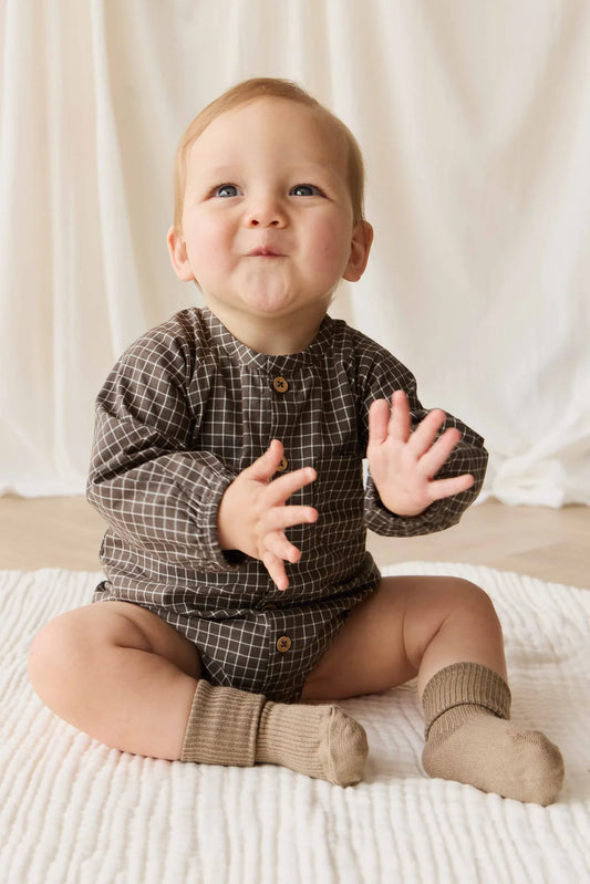 Organic Cotton Ellis Playsuit - Coffee Grid