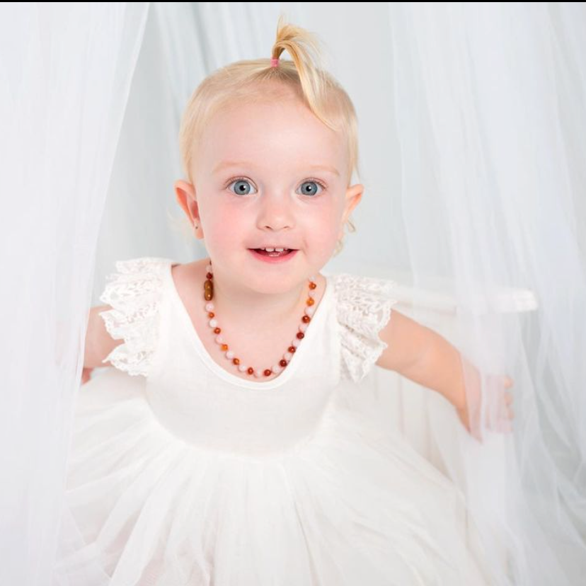 Amber Necklace Cognac & Rose Quartz | Baby 32cm