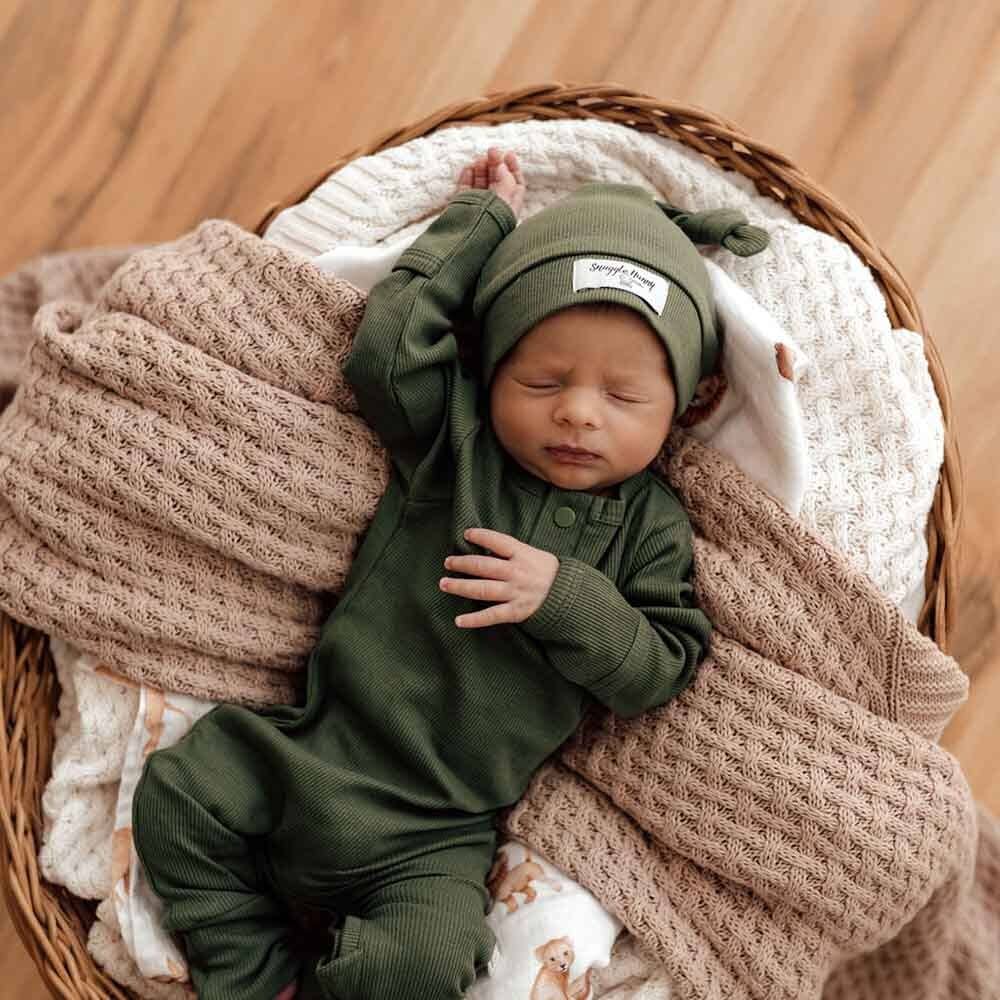 Olive Ribbed Organic Knotted Beanie