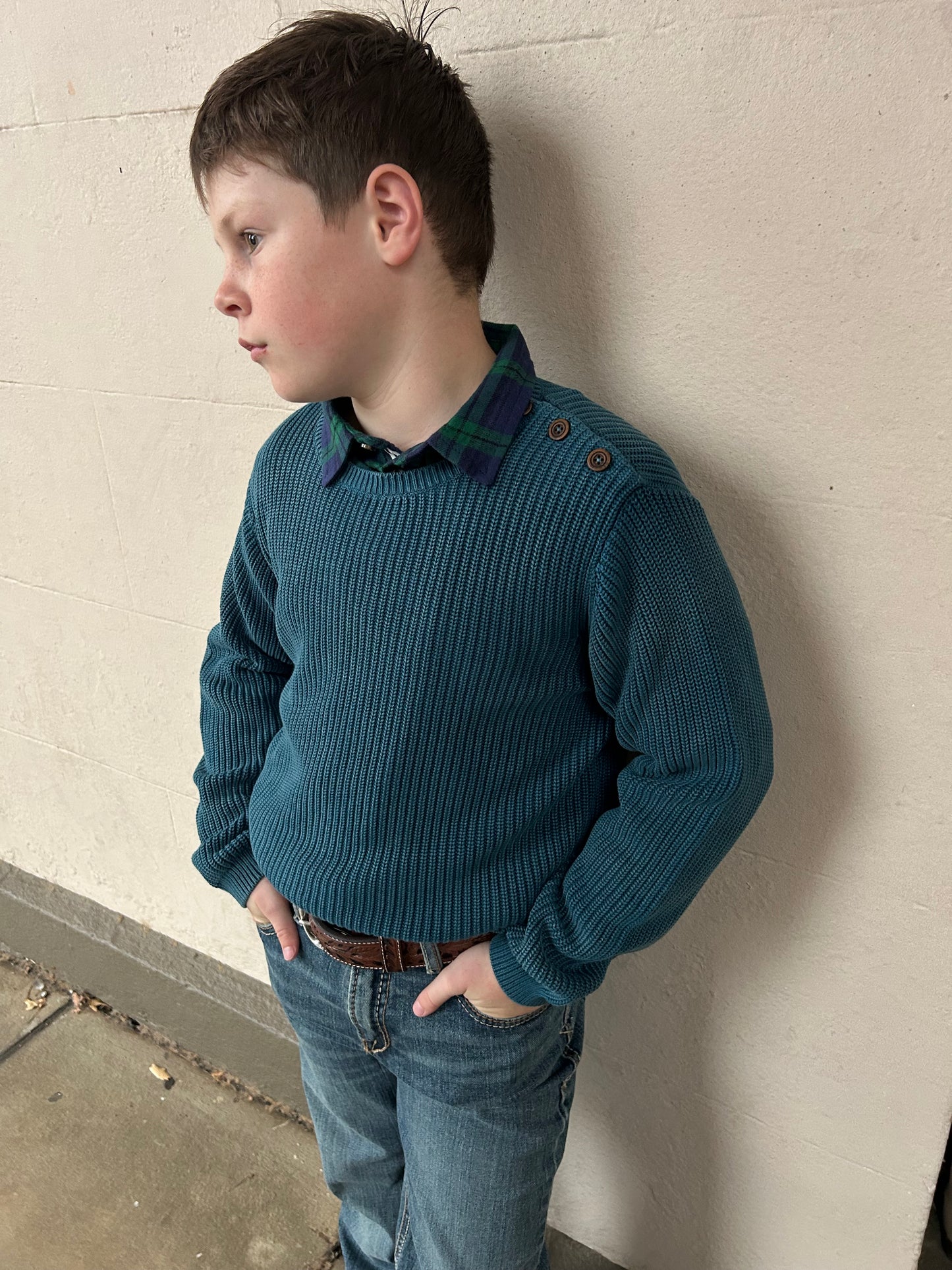 Boys Moroccan Blue Button Neck Sweater