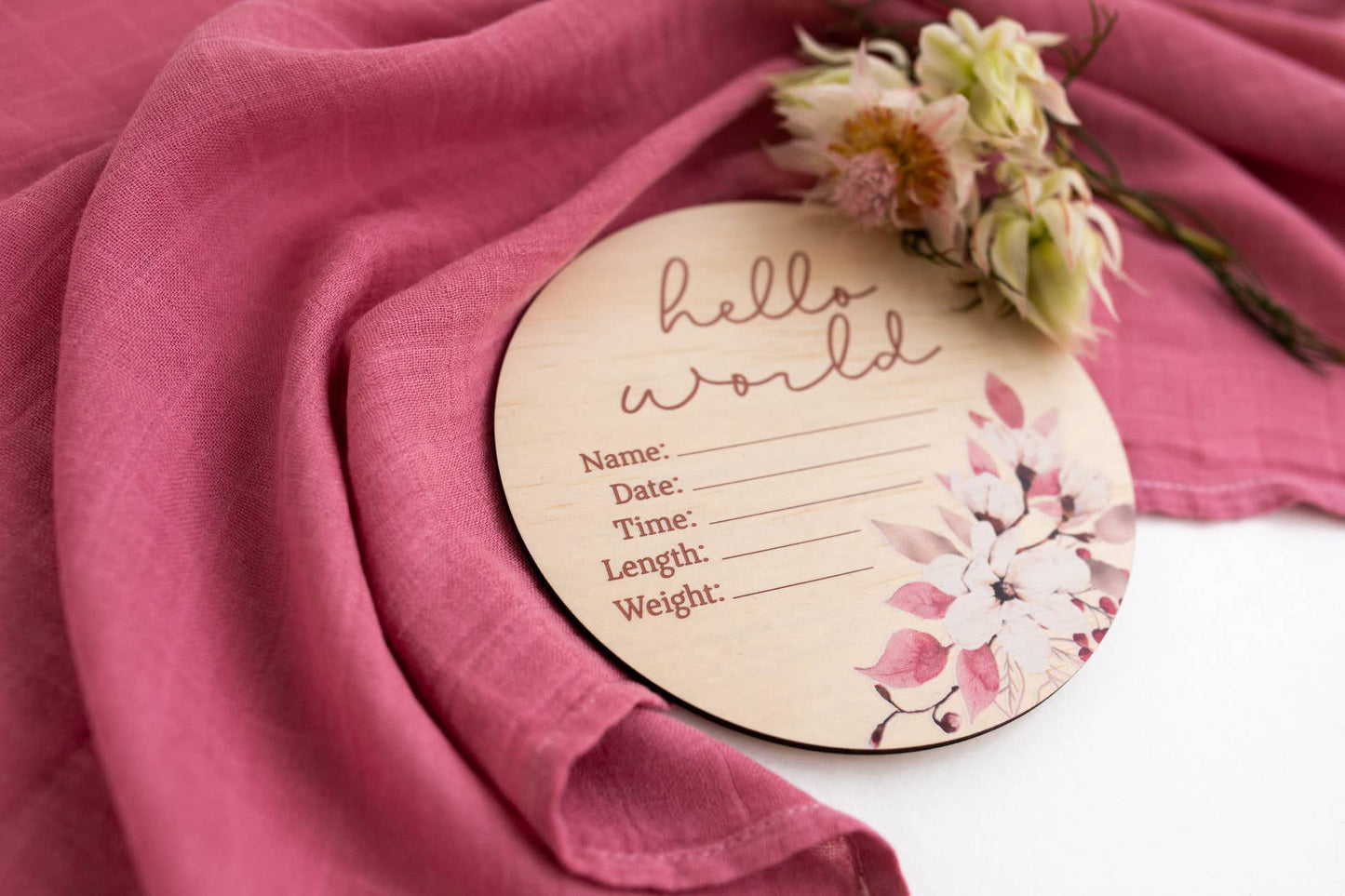 Hello World Floral Wooden Birth Disc