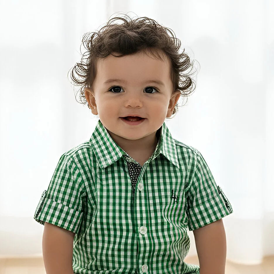 BABY BOYS DRESS SHIRT ROMPER - BRIGHT GREEN CHECK