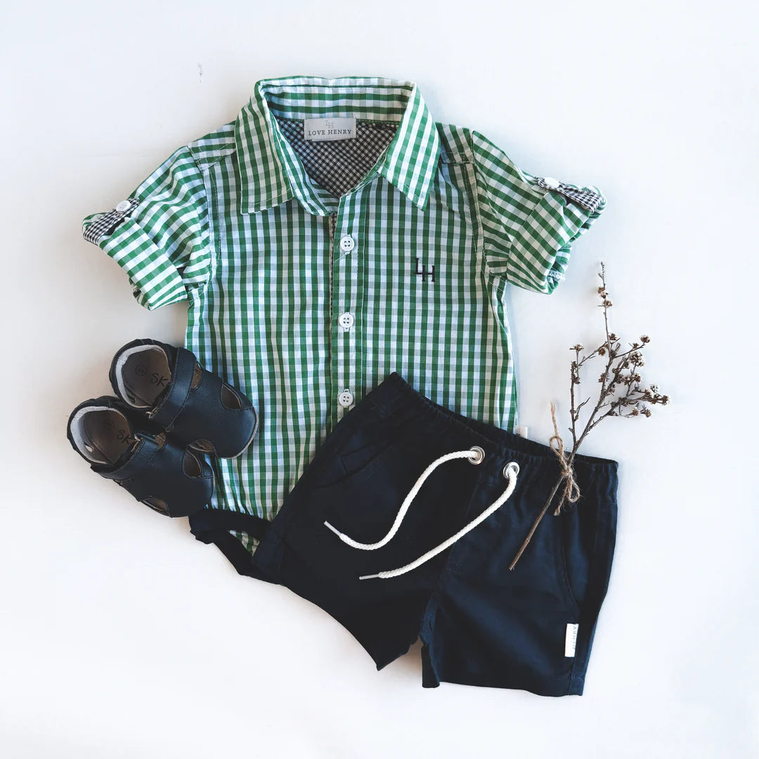 BABY BOYS DRESS SHIRT ROMPER - BRIGHT GREEN CHECK