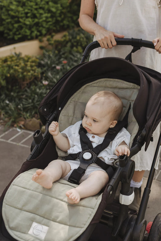 SOFT SAGE & PINSTRIPE - PRAM LINER WITH MATCHING SHOULDER STRAPS