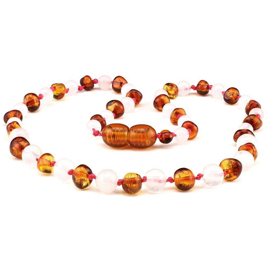Amber Necklace Cognac & Rose Quartz | Baby 32cm