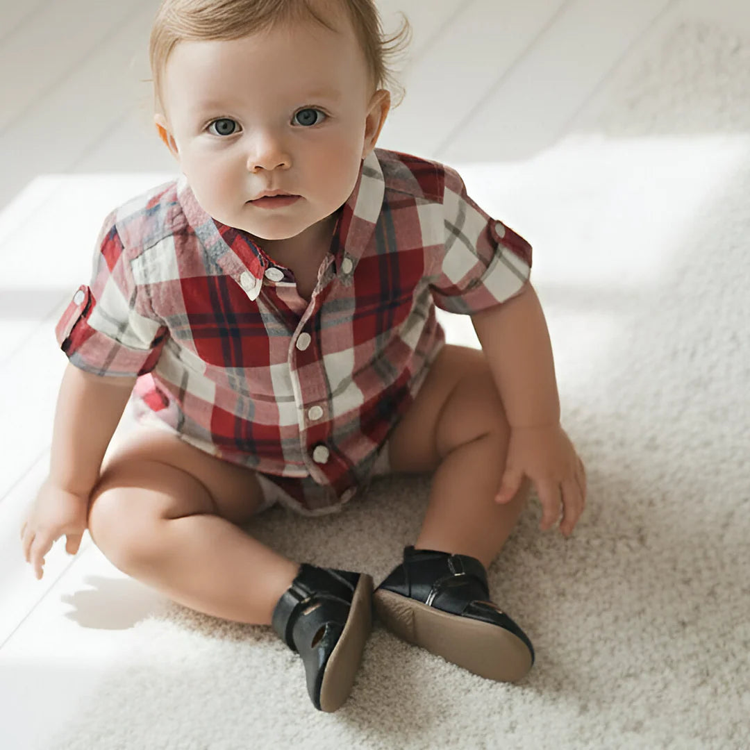 BABY BOYS DRESS SHIRT ROMPER - RED PLAID