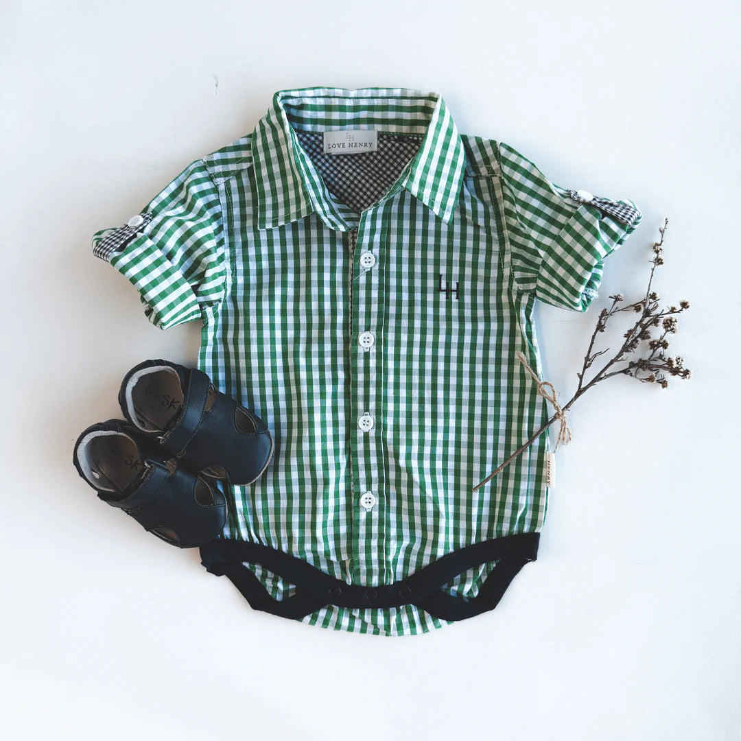 BABY BOYS DRESS SHIRT ROMPER - BRIGHT GREEN CHECK