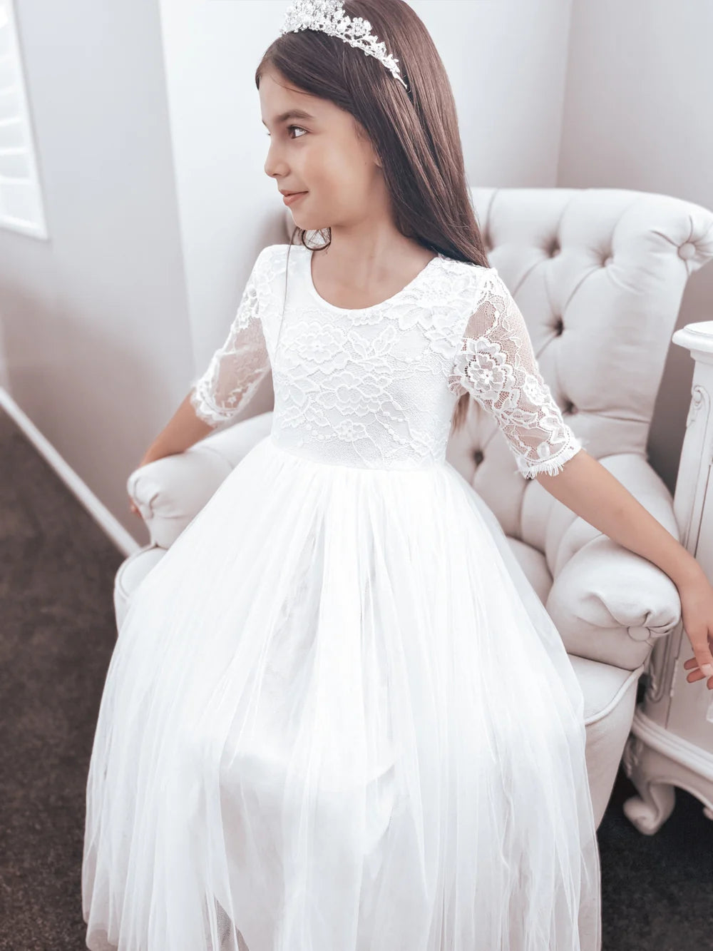 Maia Girls White Lace Communion Dress