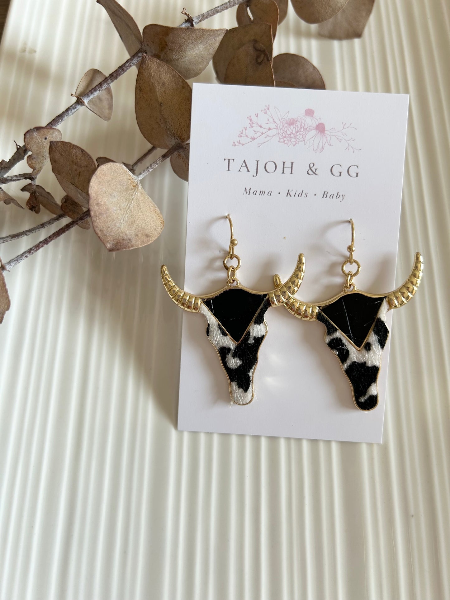 Gold Plated Western Black & White Longhorn Earrings