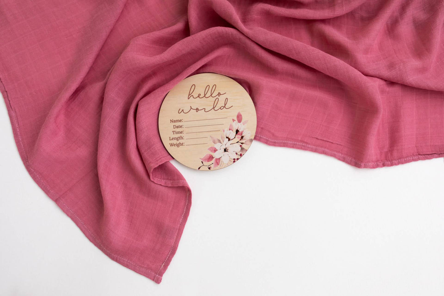 Hello World Floral Wooden Birth Disc