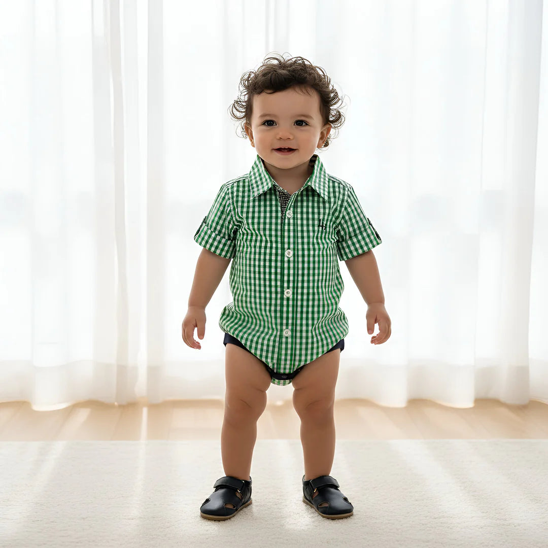 BABY BOYS DRESS SHIRT ROMPER - BRIGHT GREEN CHECK