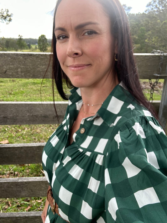 LADIES DRESS: GREEN GINGHAM