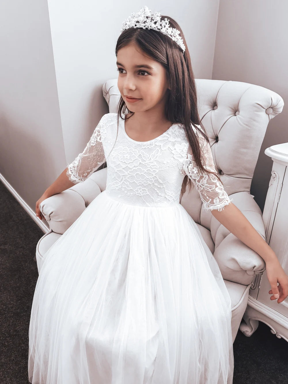 Maia Girls White Lace Communion Dress