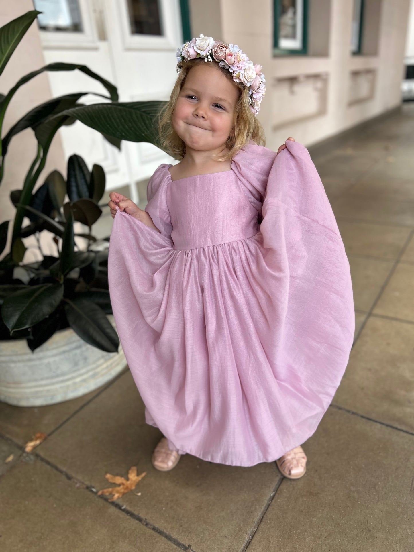 Lucy Girls Puff Sleeve Dress - Dusty Pink
