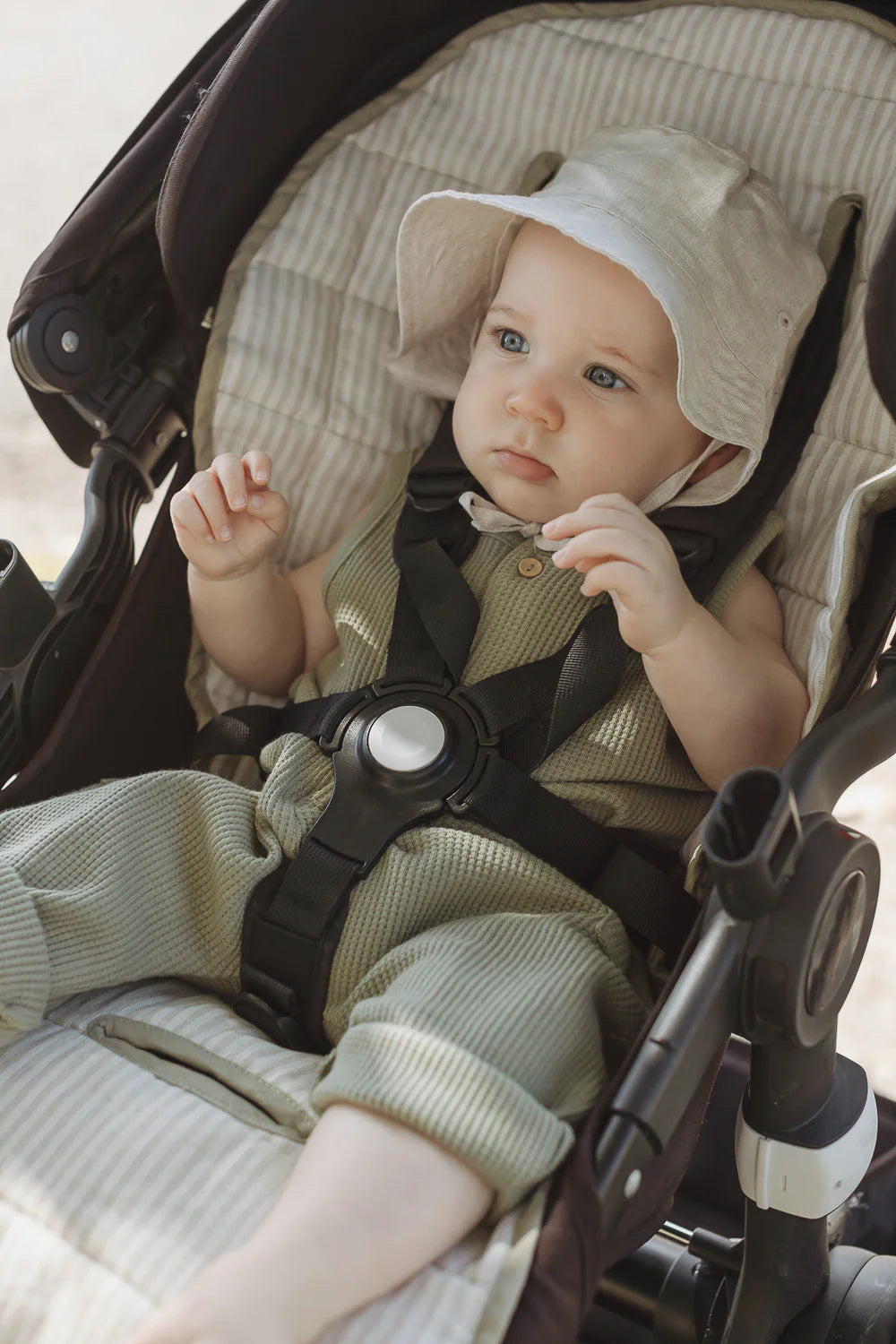 SOFT SAGE & PINSTRIPE - PRAM LINER WITH MATCHING SHOULDER STRAPS