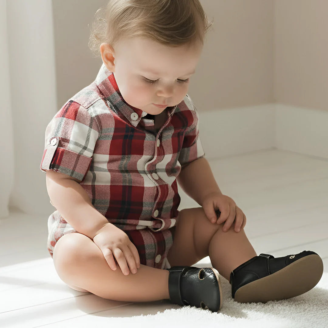 BABY BOYS DRESS SHIRT ROMPER - RED PLAID