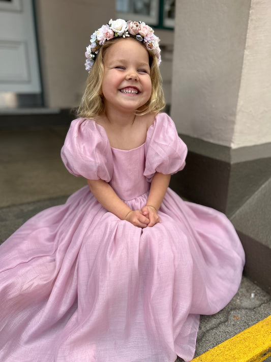 Lucy Girls Puff Sleeve Dress - Dusty Pink