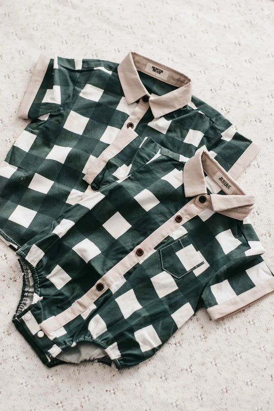 KIDS COLLARED SHIRT: GREEN GINGHAM