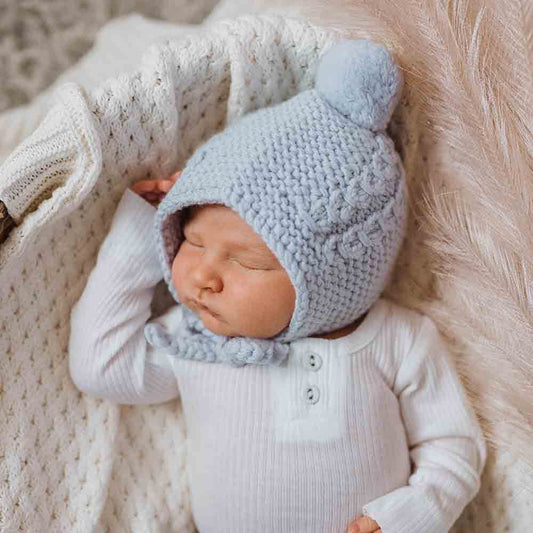 Blue Merino Wool Bonnet & Booties