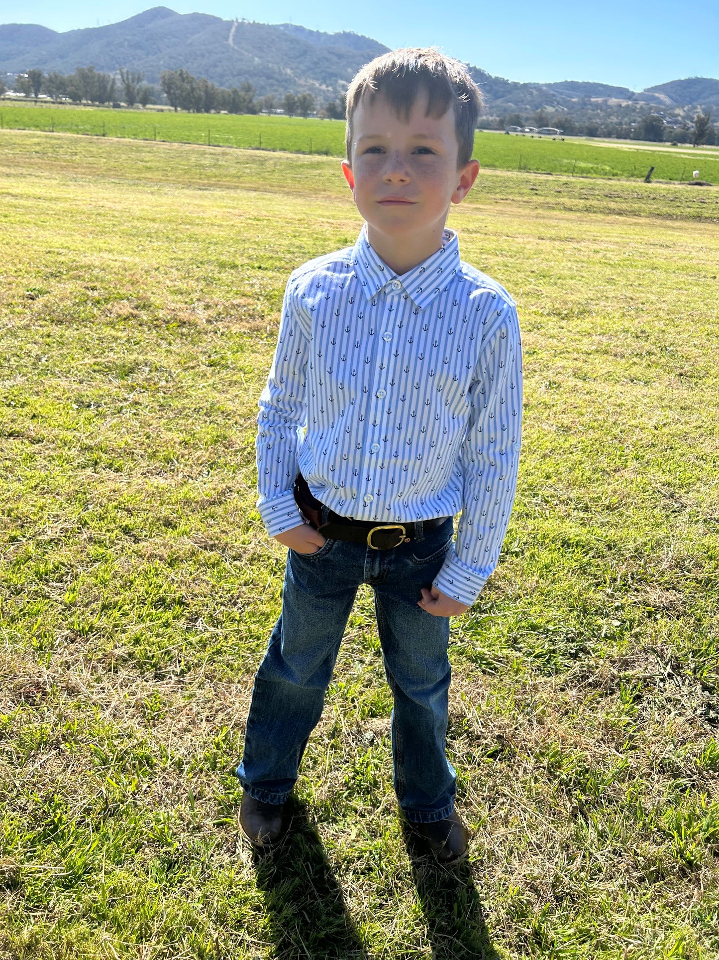 Boys Anchors Ahoy Stripe Long Sleeve Button Down