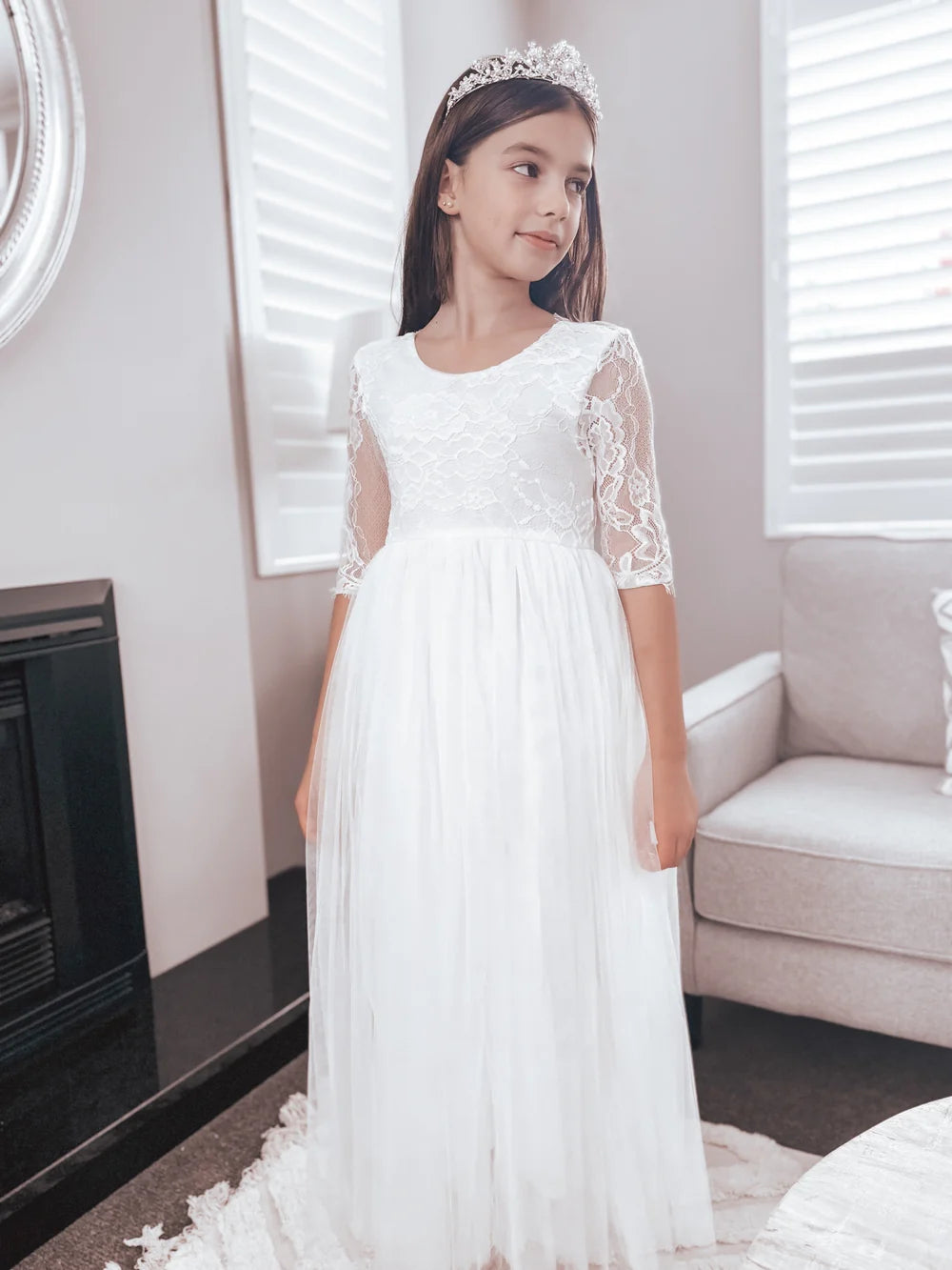 Maia Girls White Lace Communion Dress